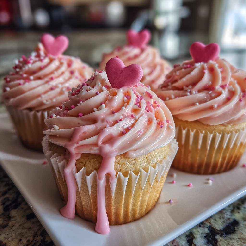 Cupcakes mit Herzdekor und Erdbeerfrosting